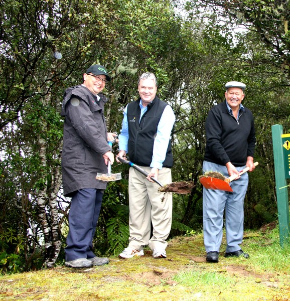 From left Gisborne District Council Mayor Meng Foon, Opotiki District Council Mayor John Forbes and Robert Edwards, chairman of Whakatohea Maori Trust Board turn the first sod at the start of the Pakihi Track.   